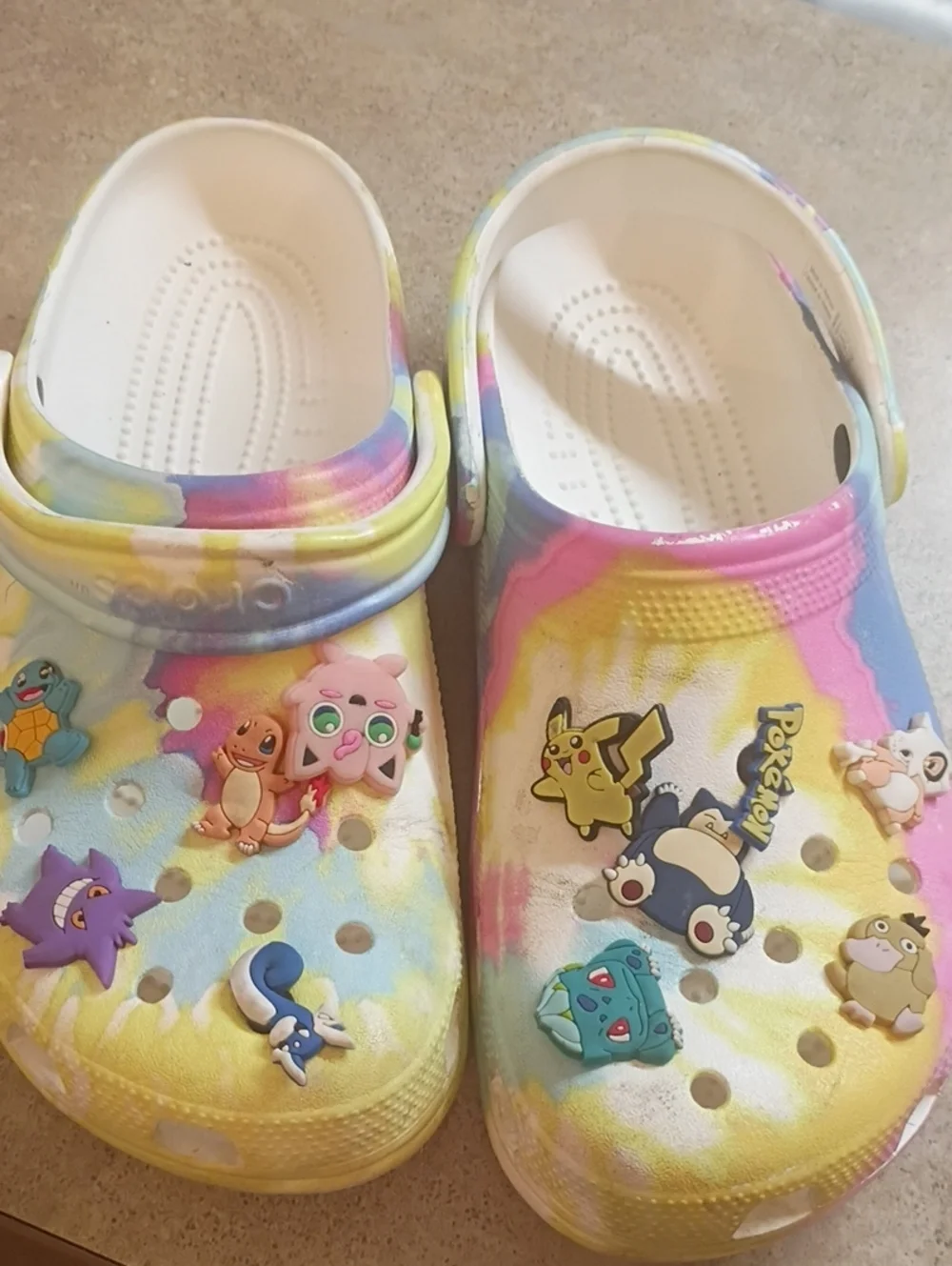 Adult Tie-Dye Croc-Style Slip-On Shoes with Pokémon Charms - Yellow/Pink/Blue